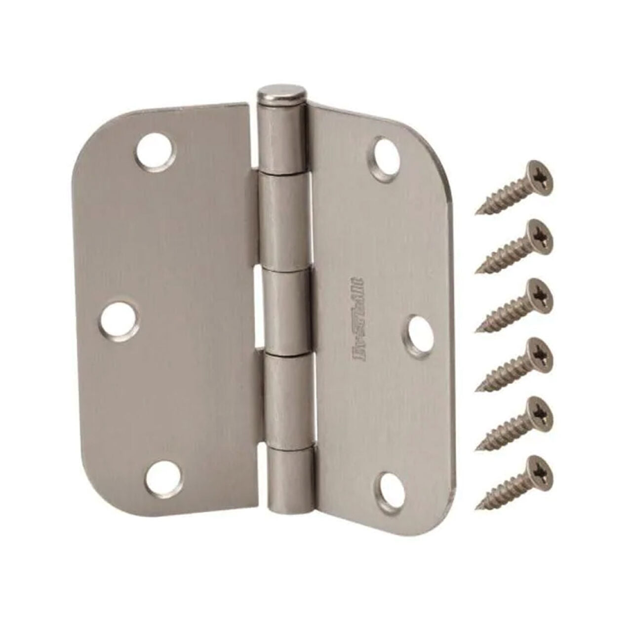 A Go Build 3-1/2 in. (5/8 in. radius) satin nickel door hinge with six screw holes is displayed with six matching screws on a white background.